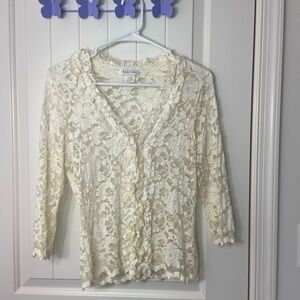 EUC Vintage Kay Celine women’s lace floral paisley stretch 3/4 sleeve blouse top